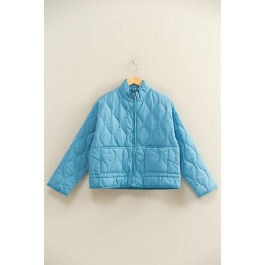Blue Quilted Jacket With Drawstring Hem