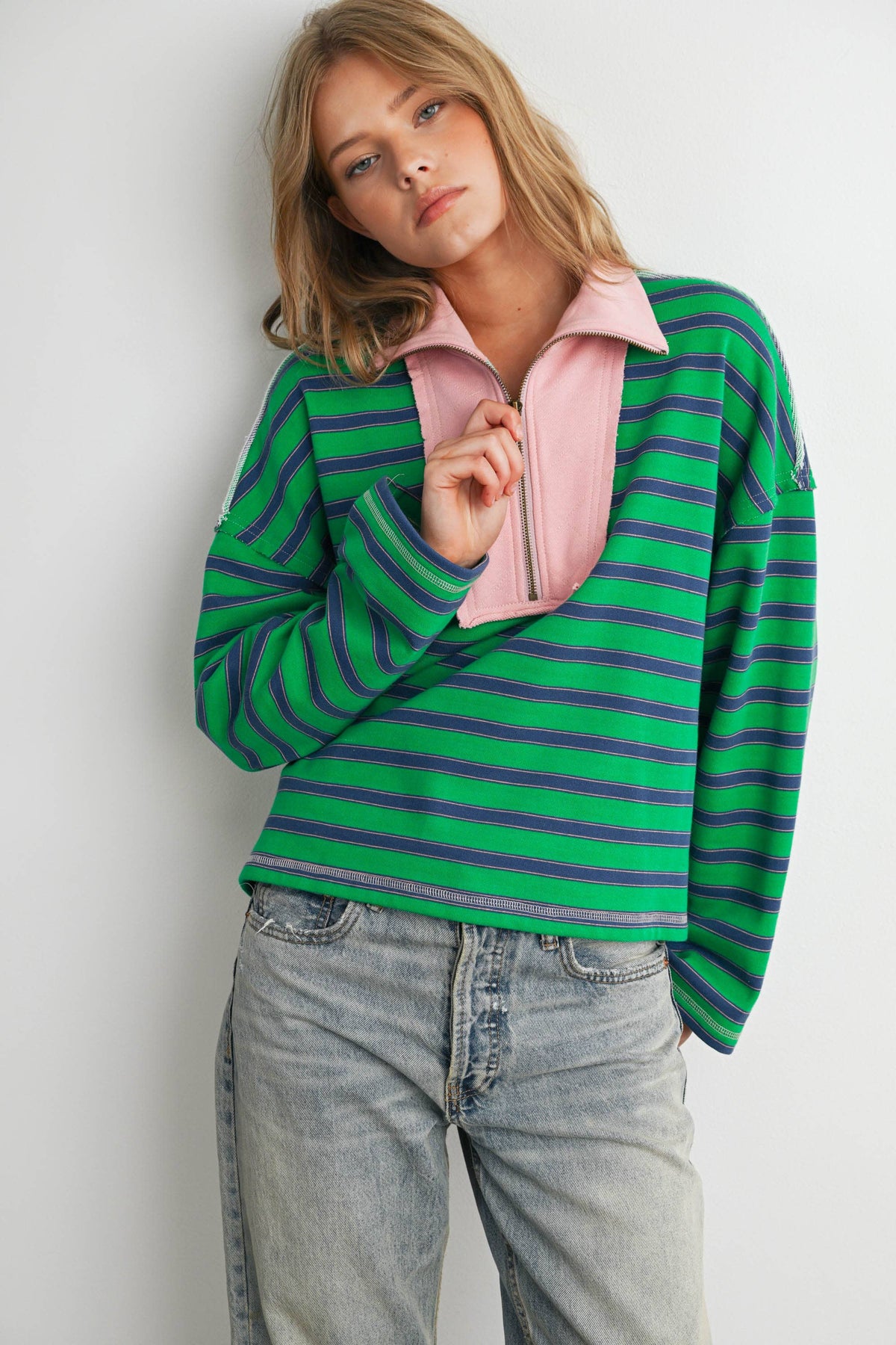 BUTTERMELON - Striped Half Zip Contrast Collar Sweatshirt-BMT8722
