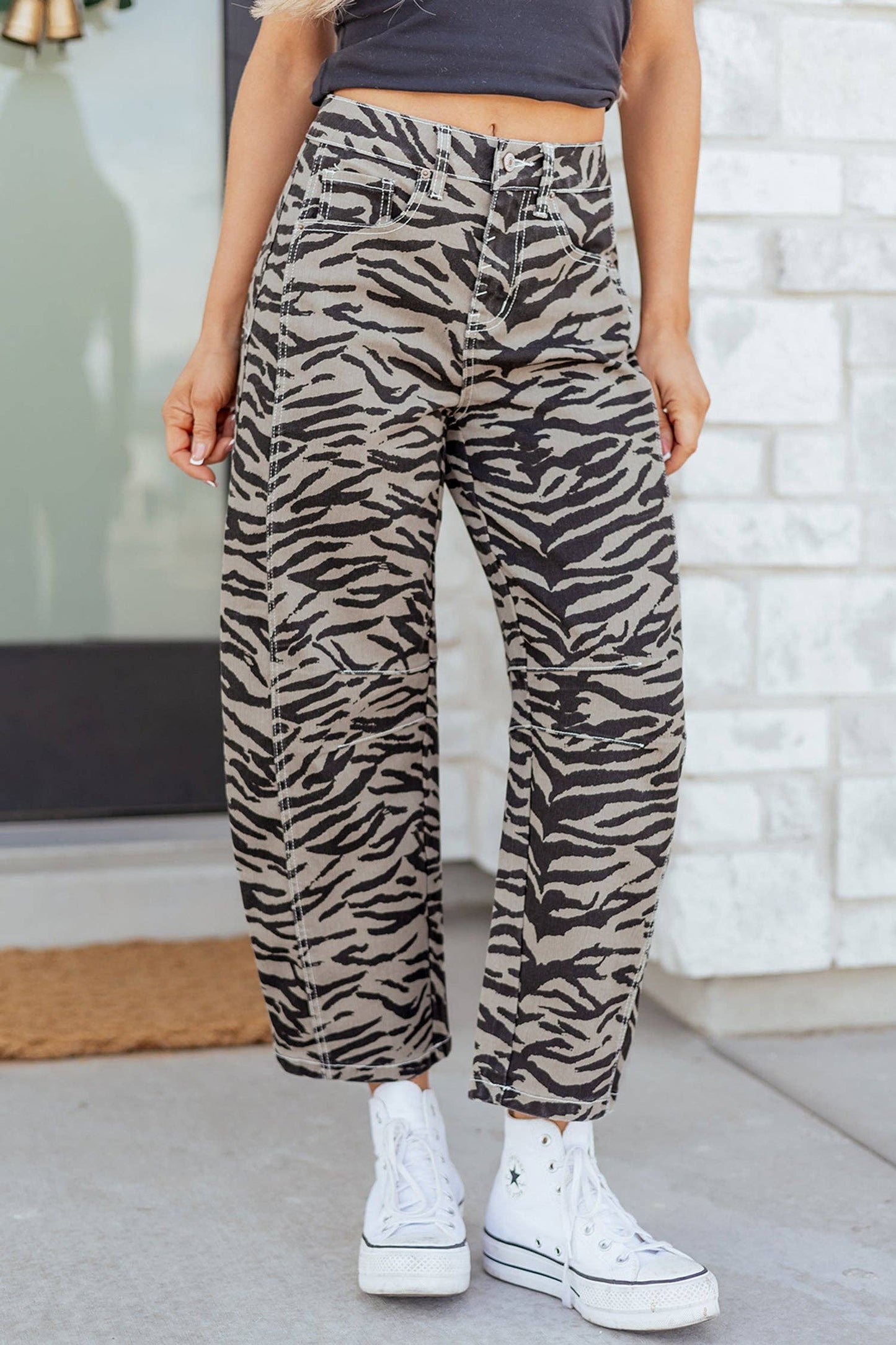 PRETTY BASH - PRETTY BASH Zebra Stripe Denim Wide Barrel Leg Jeans