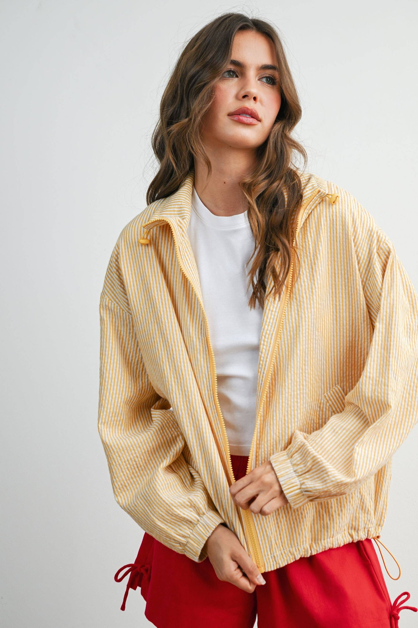 Striped Collared Zip-Front Drawstring Jacket