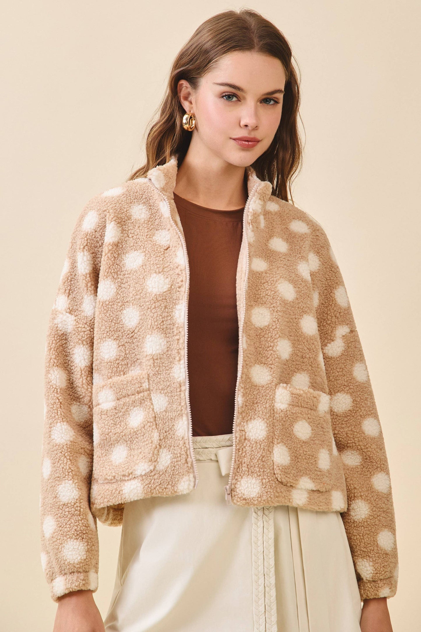 Polka Dot High Collar Front Zip Sherpa Jacket