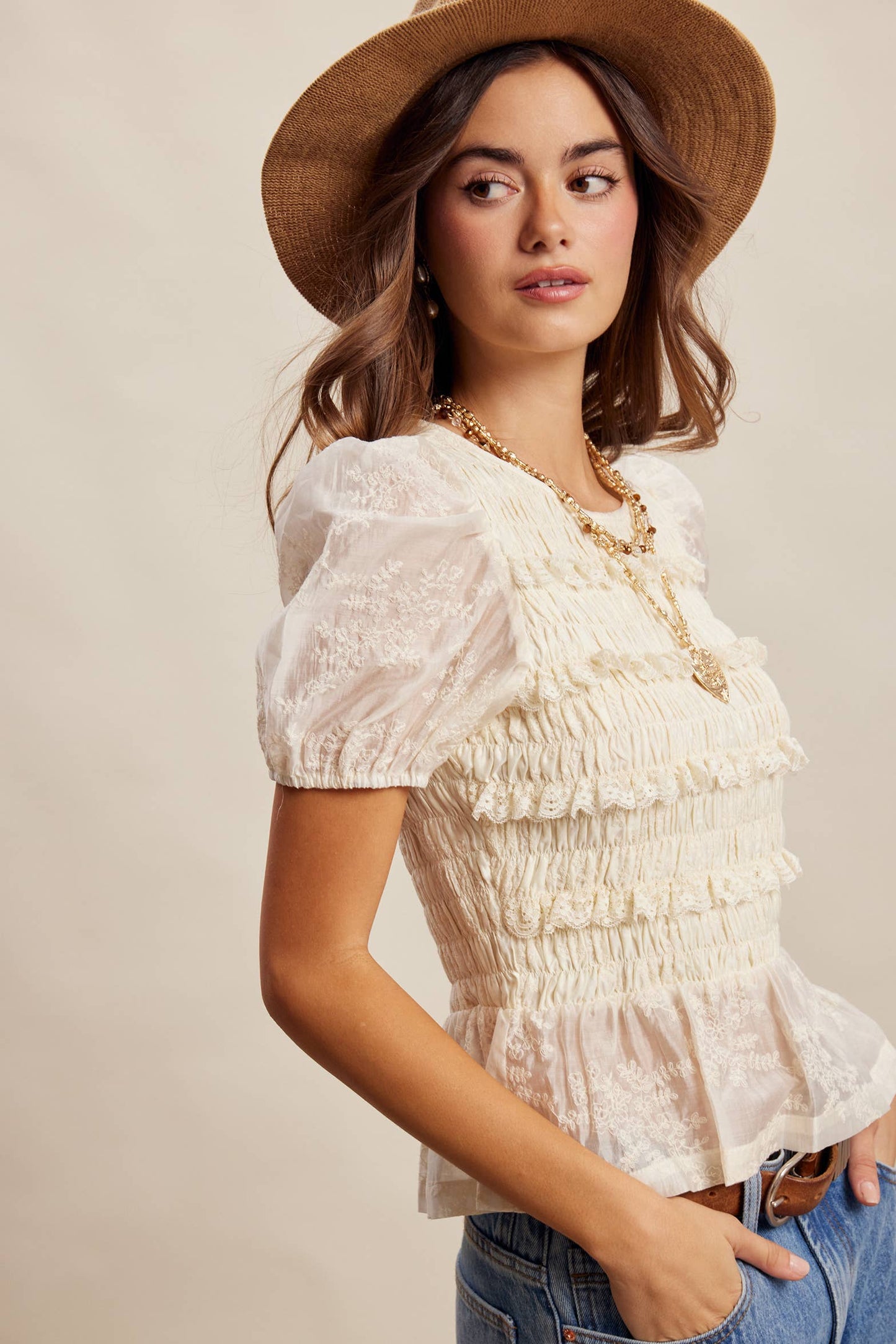 Listicle - Smocked Lace Puff Sleeve Top LT1472