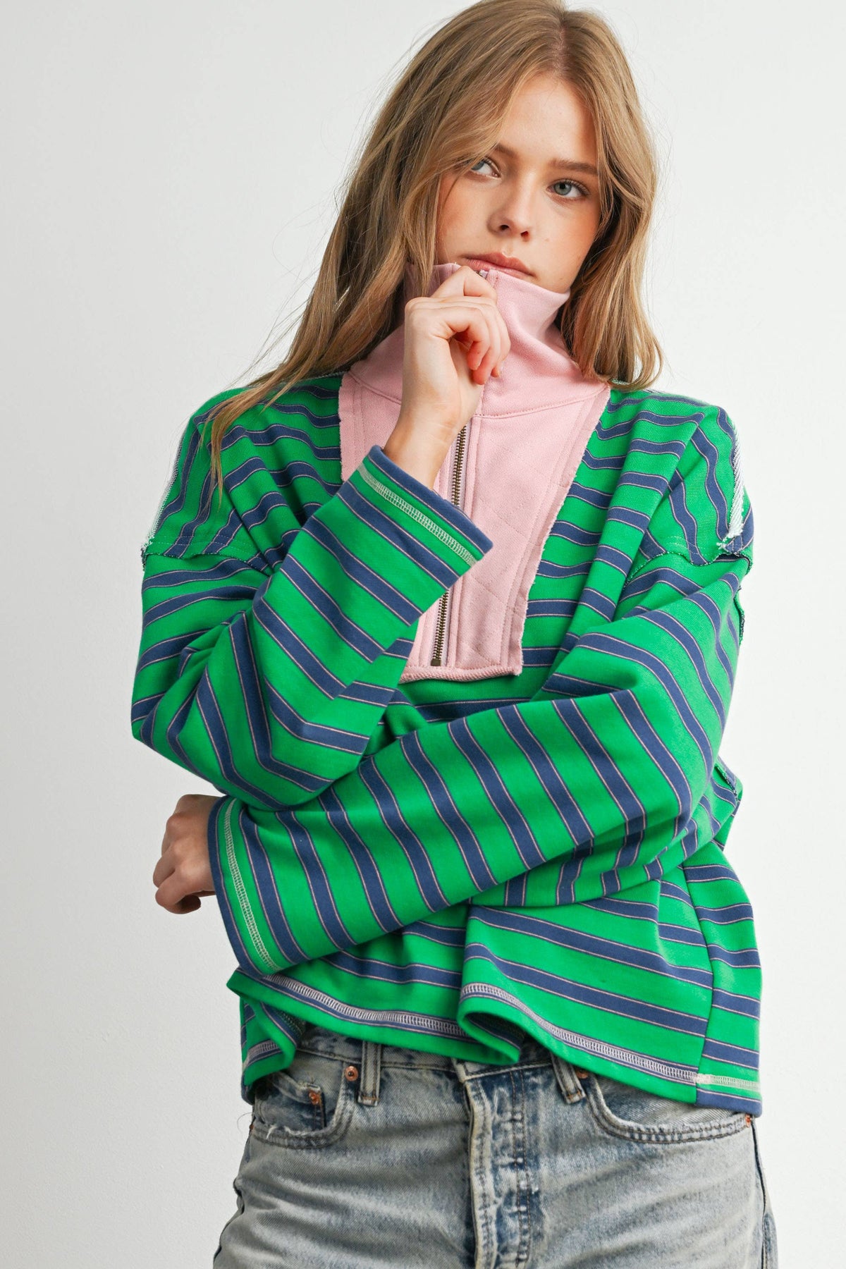 BUTTERMELON - Striped Half Zip Contrast Collar Sweatshirt-BMT8722
