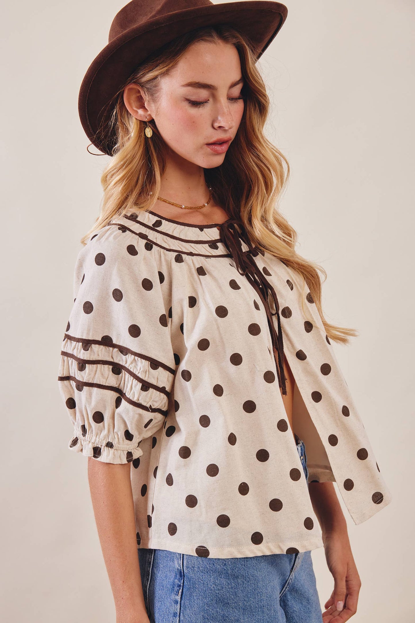 Polka Dot Ruffle Trim Blouse