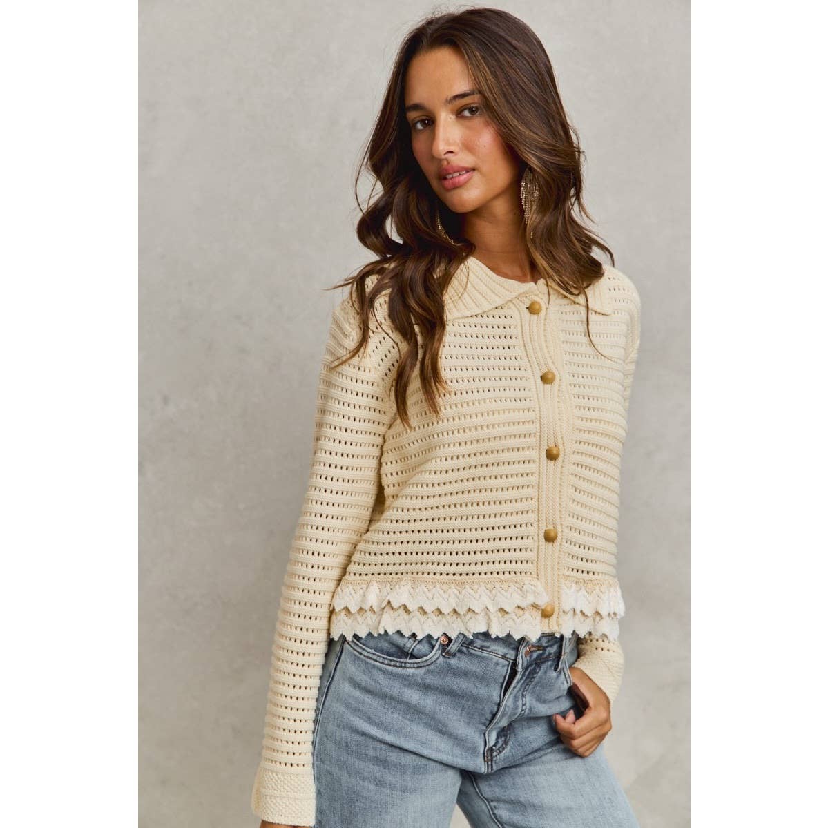 IVE - Textured Button Down Sweater Collared Cardigan