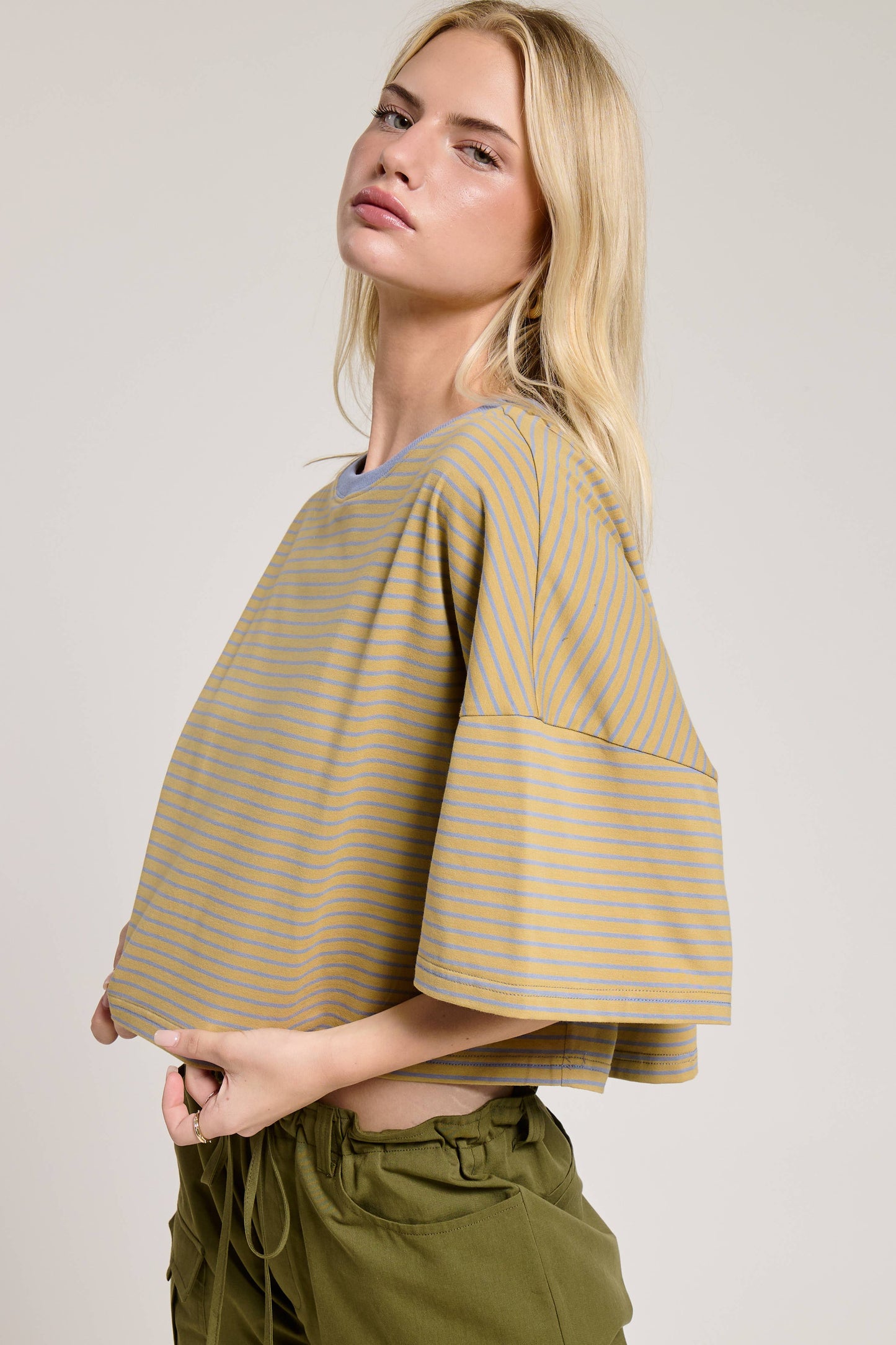 Striped Wide Sleeve Cropped Knit Top