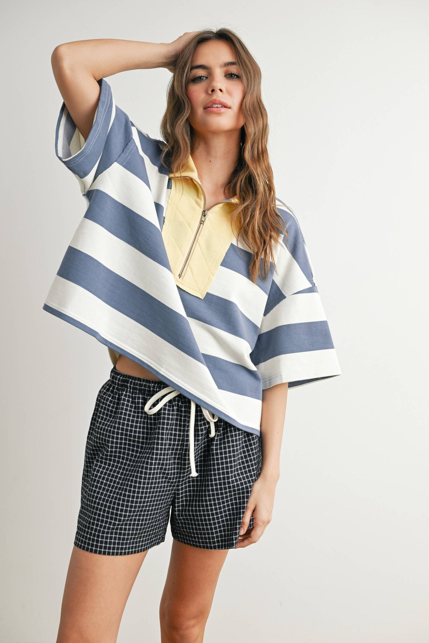 BUTTERMELON - Oversized Striped Zip-Up Polo Shirt - BMT7711