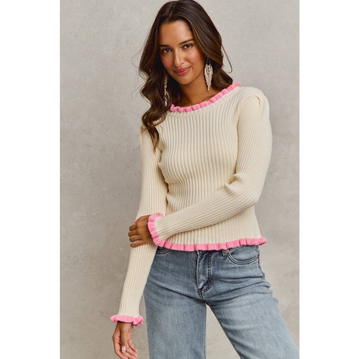 IVE - Ruffle Edge Ribbed Sweater Knit Top