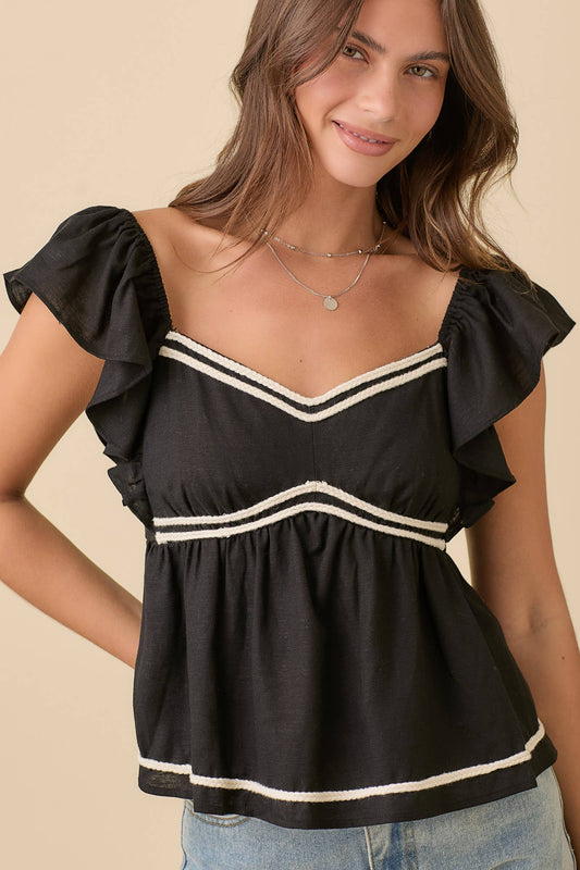 Ruffle Sleeve Peplum Blouse With Rope Embroidery