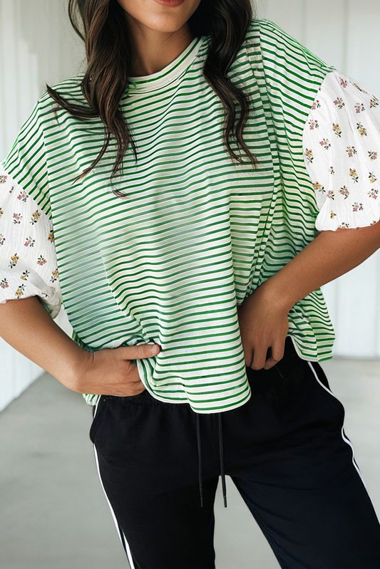 Striped Floral Puff Sleeve Patchwork Loose Top