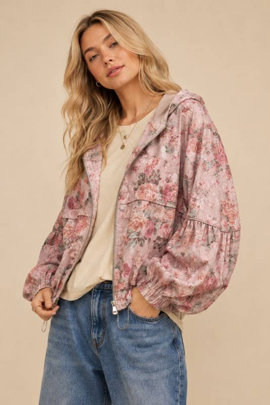 J.NNA - DENIM FLORAL PATTERN HOODED JACKET