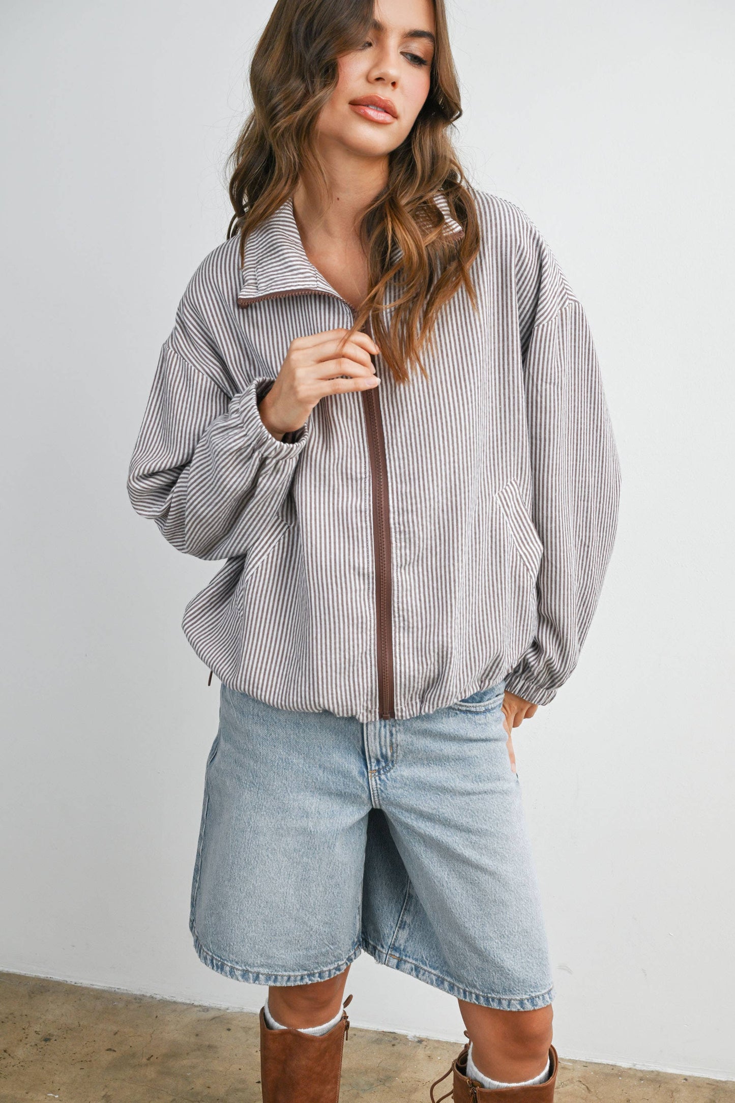 BUTTERMELON - Striped Collared Zip-Front Drawstring Jacket - BMJ7991: BROWN MULTI / S