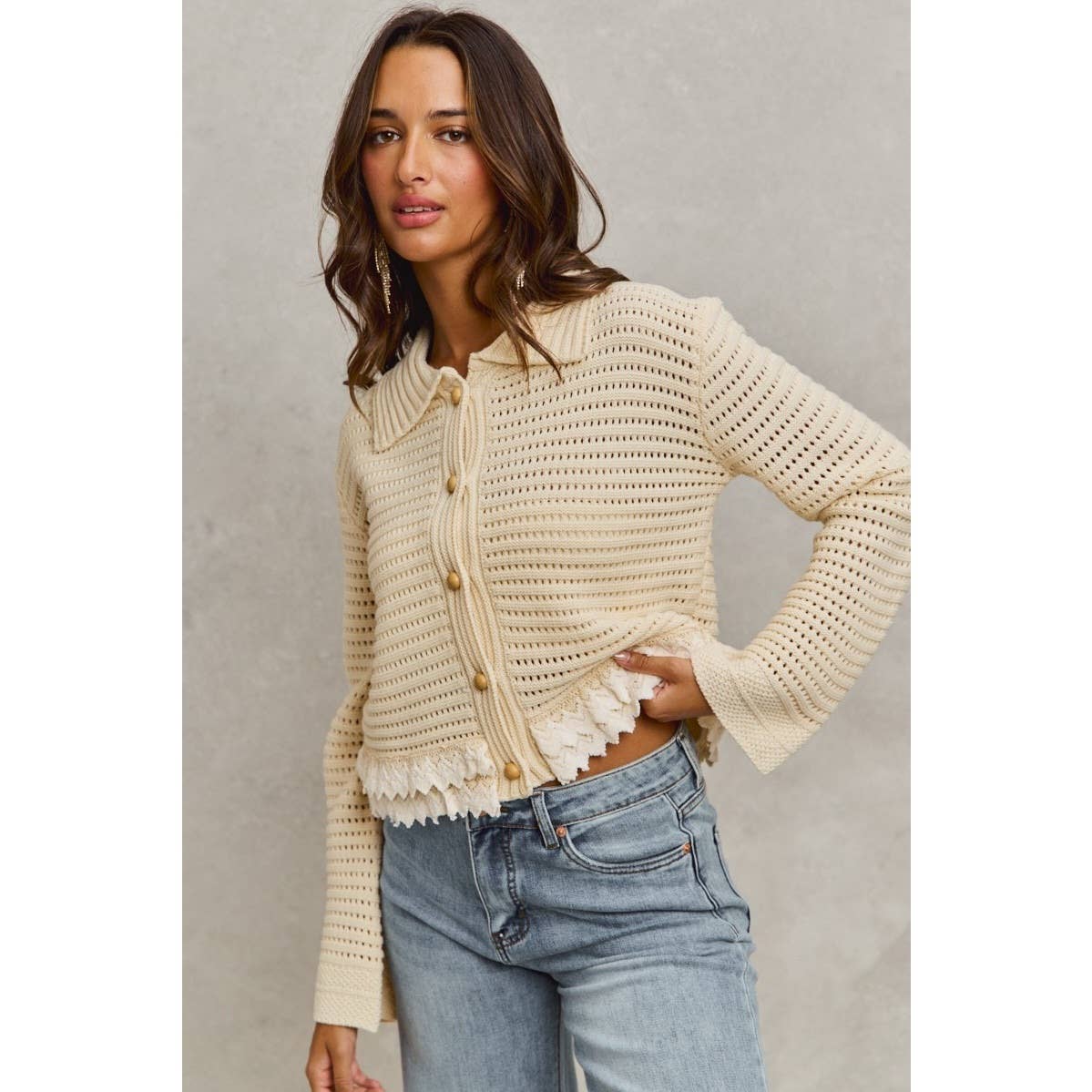 IVE - Textured Button Down Sweater Collared Cardigan