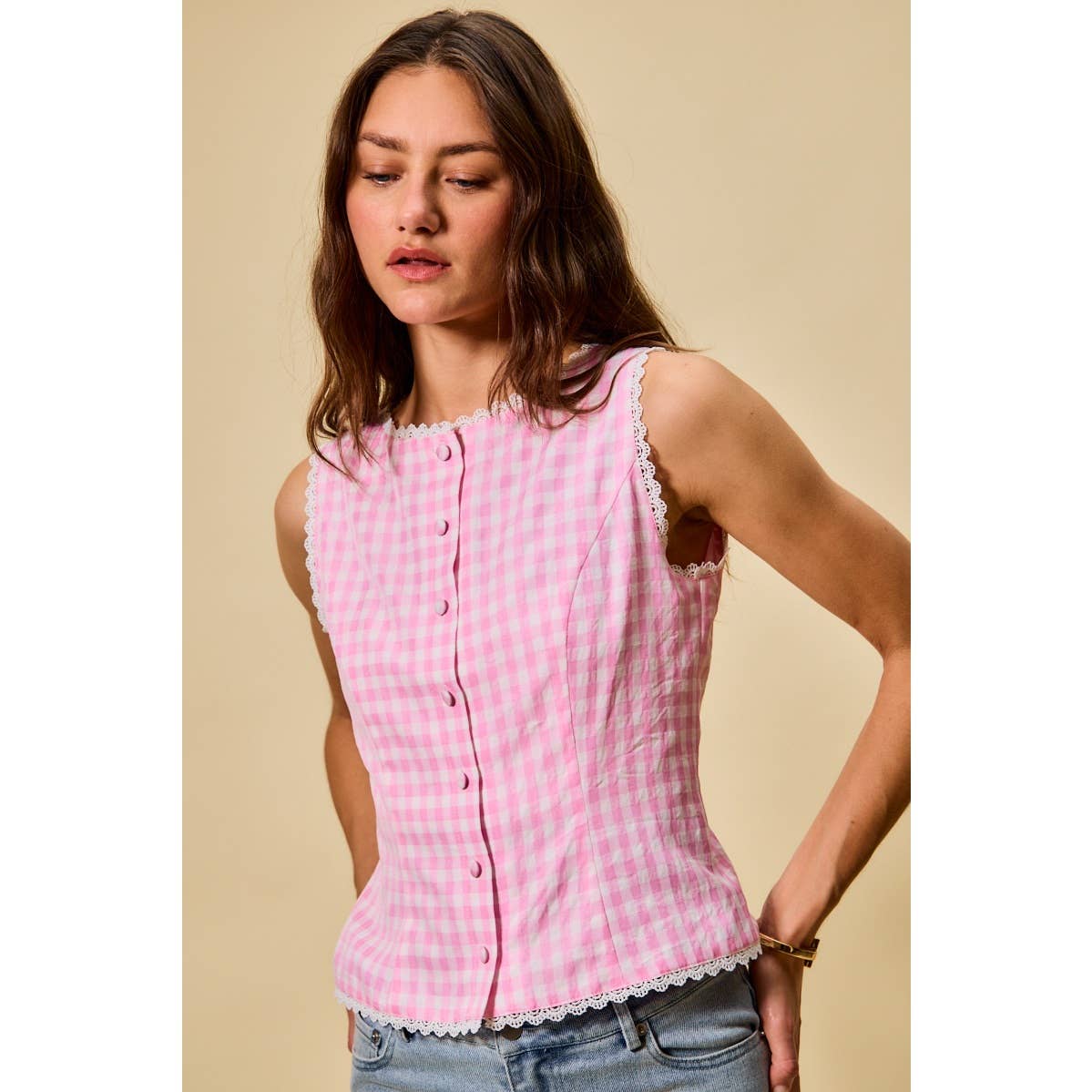 GINGHAM LACE TRIM BUTTON DOWN VEST TOP