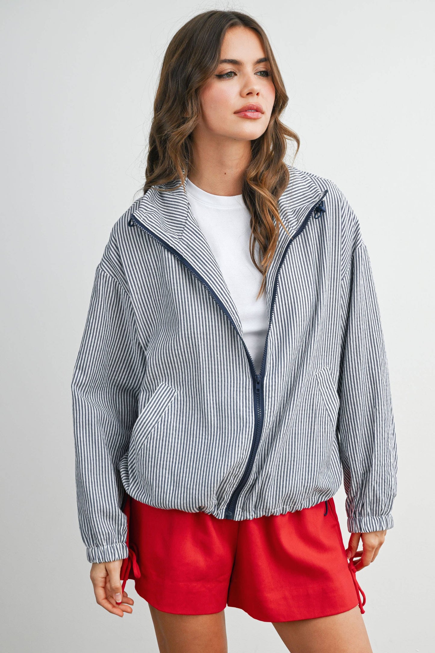 BUTTERMELON - Striped Collared Zip-Front Drawstring Jacket - BMJ7991: BROWN MULTI / S