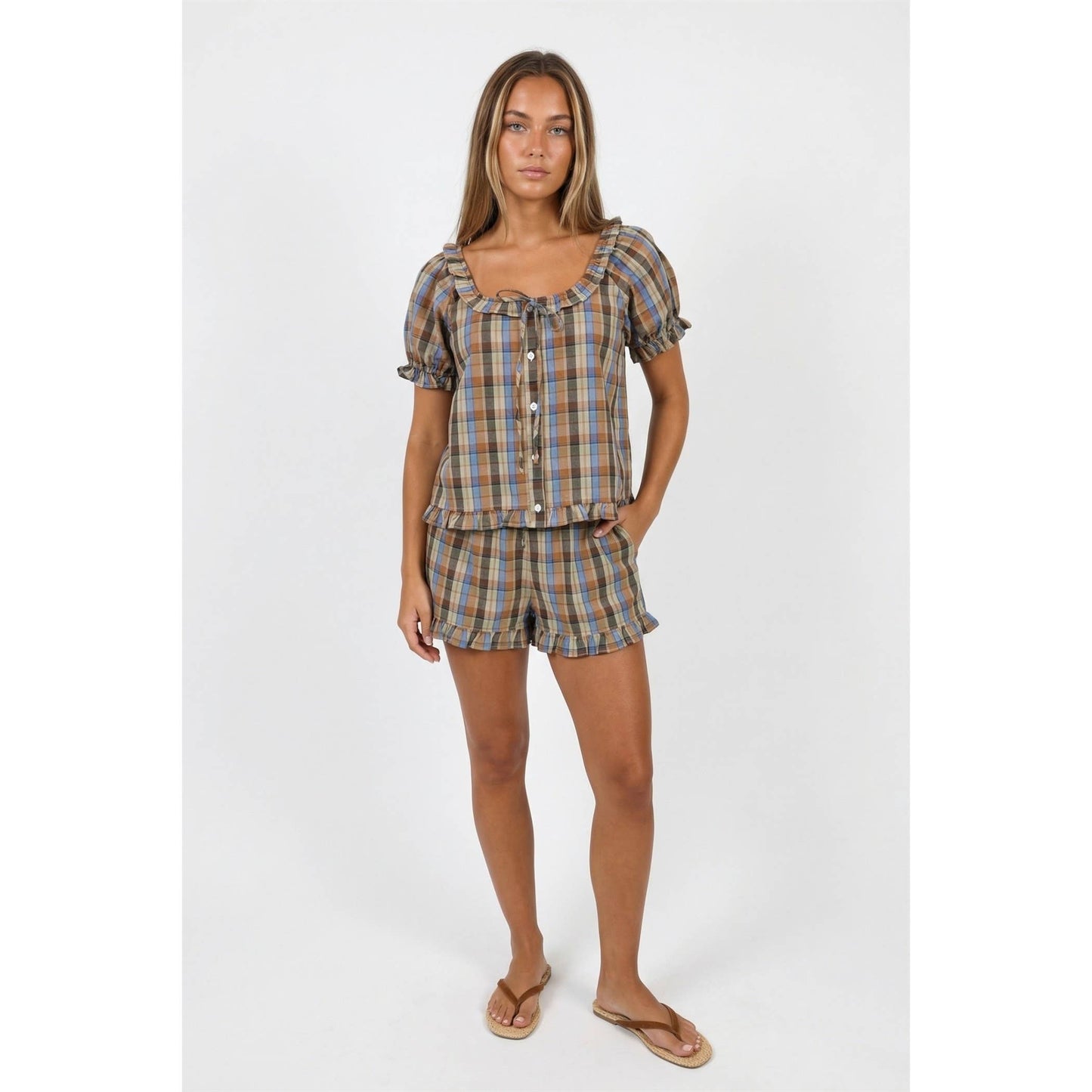 Twentifourth - TF26-0279T - Plaid ruffle sleeve button up blouse