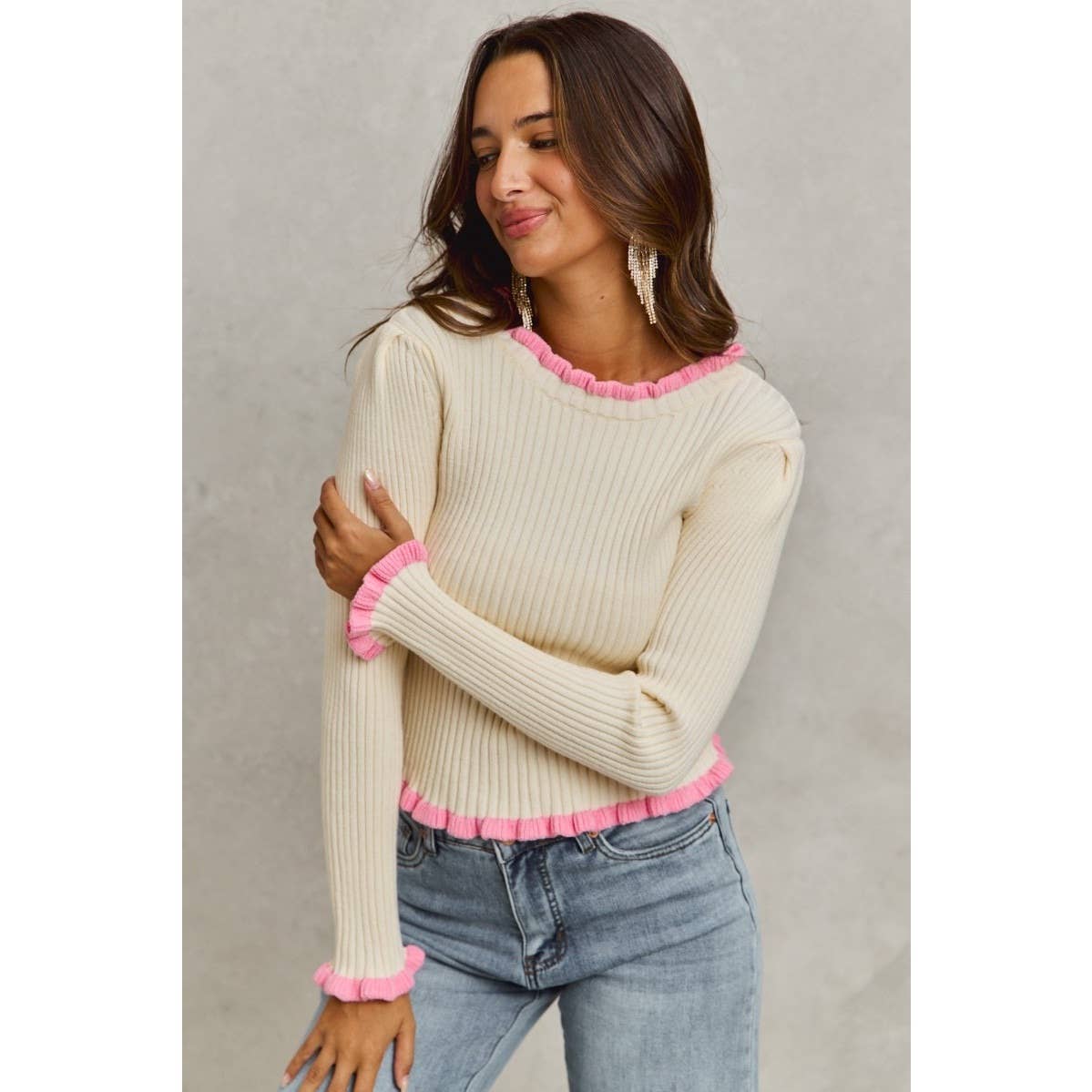 IVE - Ruffle Edge Ribbed Sweater Knit Top