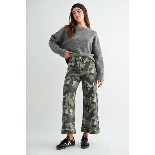 Mica Denim - HIGH-RISE WIDE LEG CROP CAMOUFLAGE CUFFED HEM