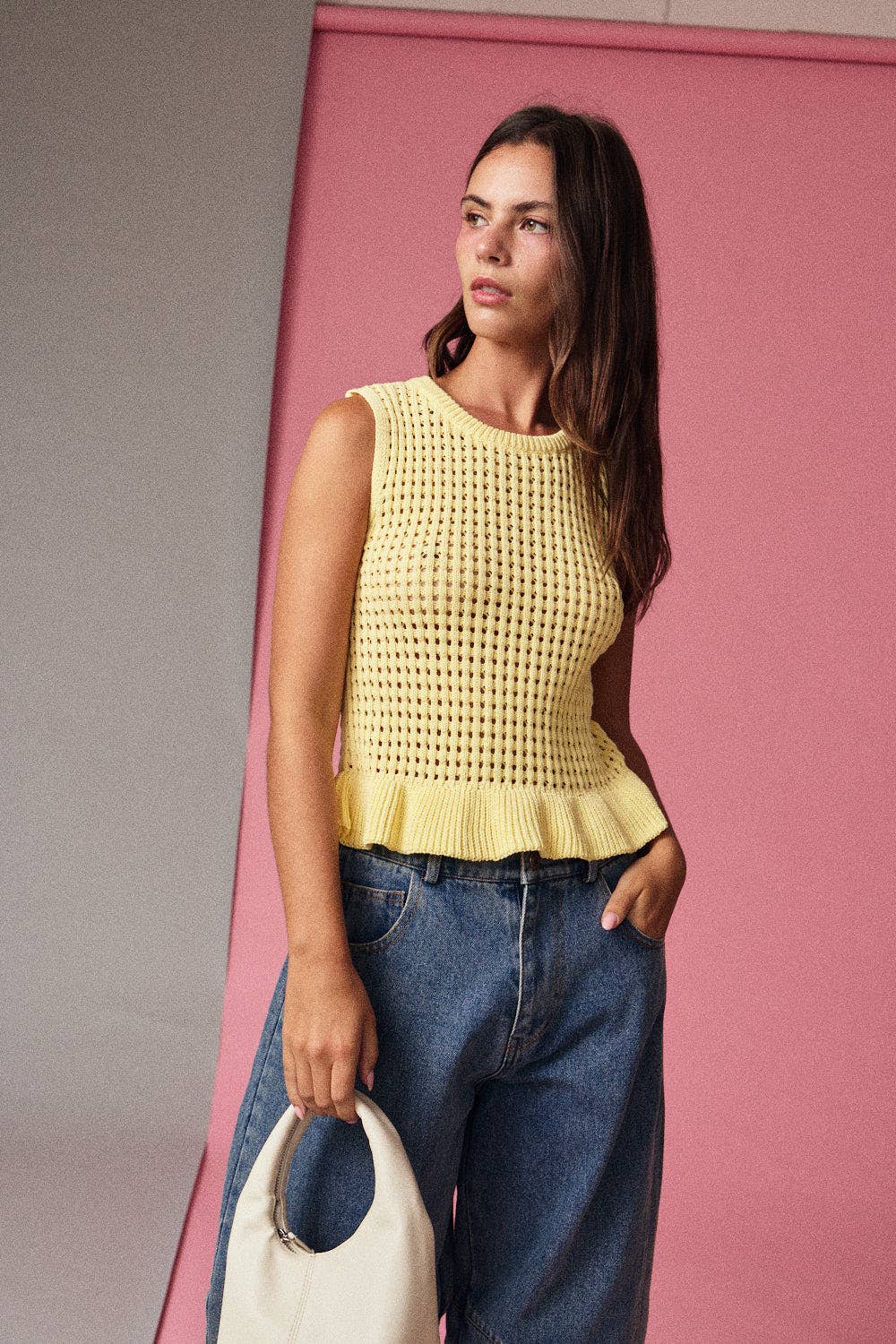 Sleeveless Open Knit Peplum Top