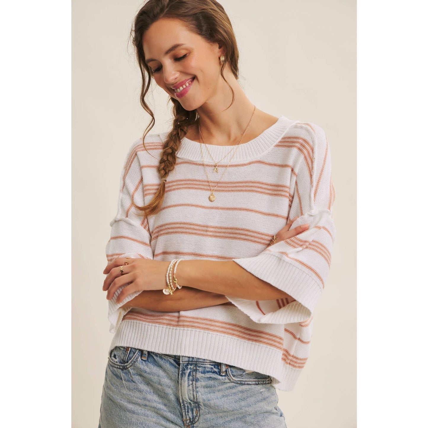 in february - ESSENSE OF WEEKENDS BOXY STRIPE SWEATER WITH DROP SHOULDERS