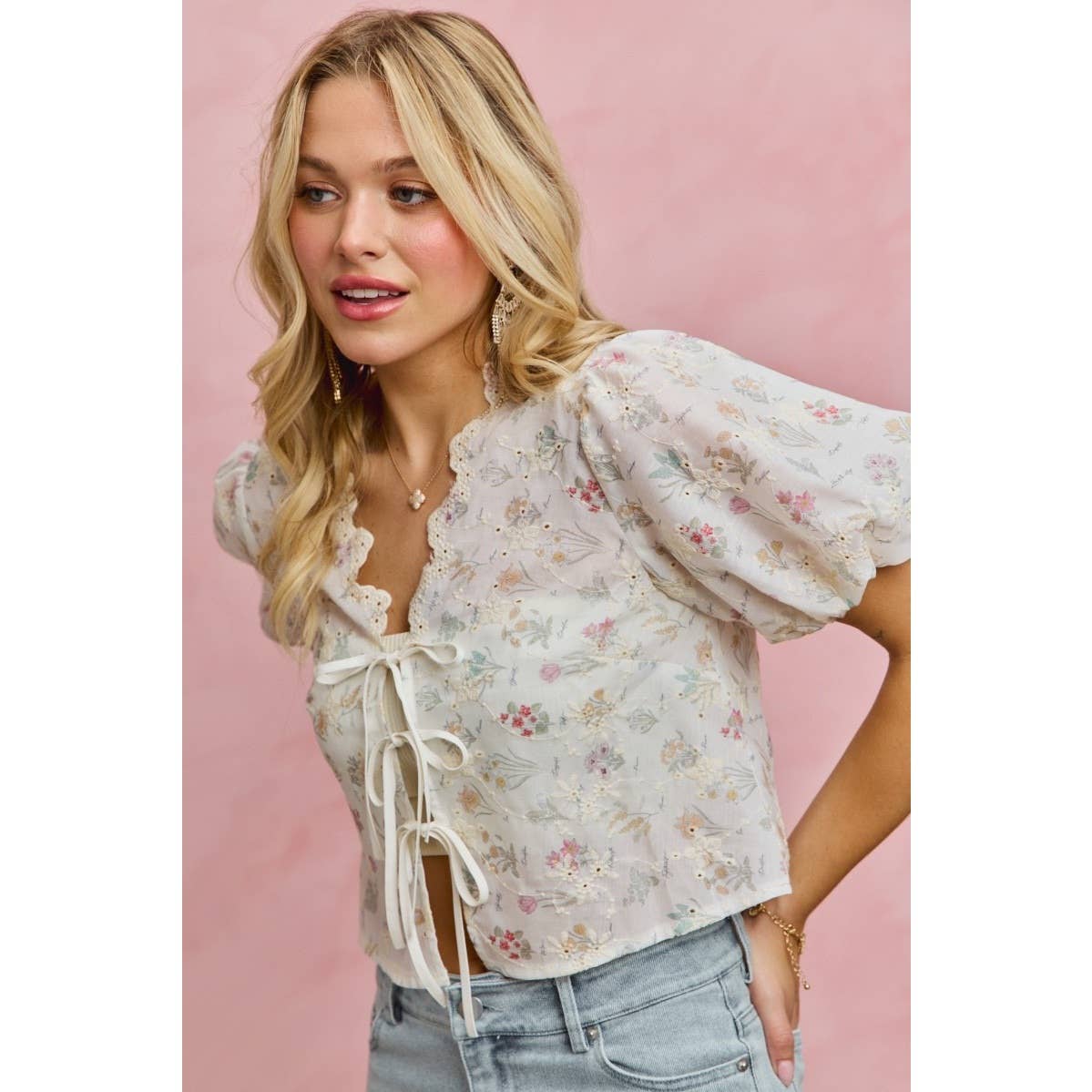 Floral Print Eyelet Scallop Edge Front Tie Top