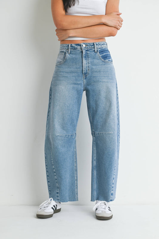Light Wash Raw Hem Barrel Jean w/ Seams  - JUST BLACK DENIM