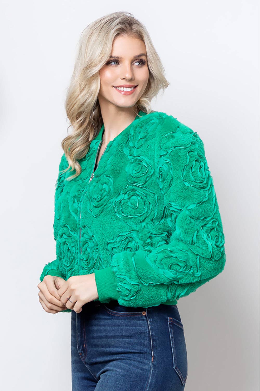Textured Rosette Embellishment fur Bomber Jacket