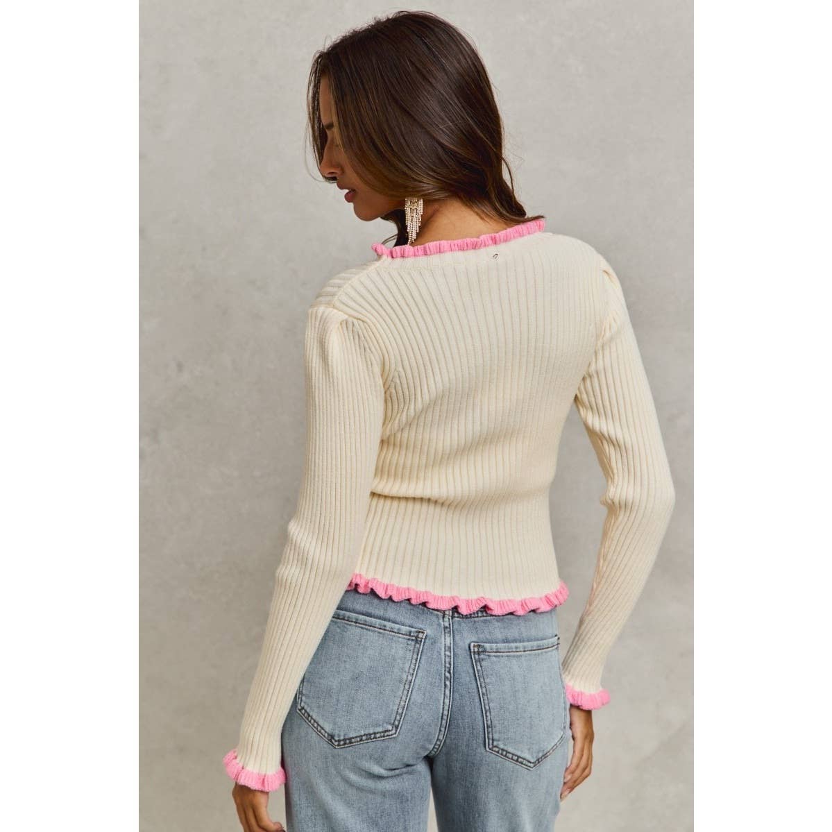 IVE - Ruffle Edge Ribbed Sweater Knit Top