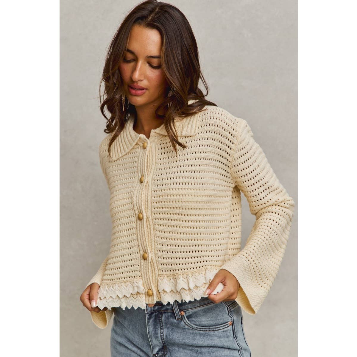 IVE - Textured Button Down Sweater Collared Cardigan