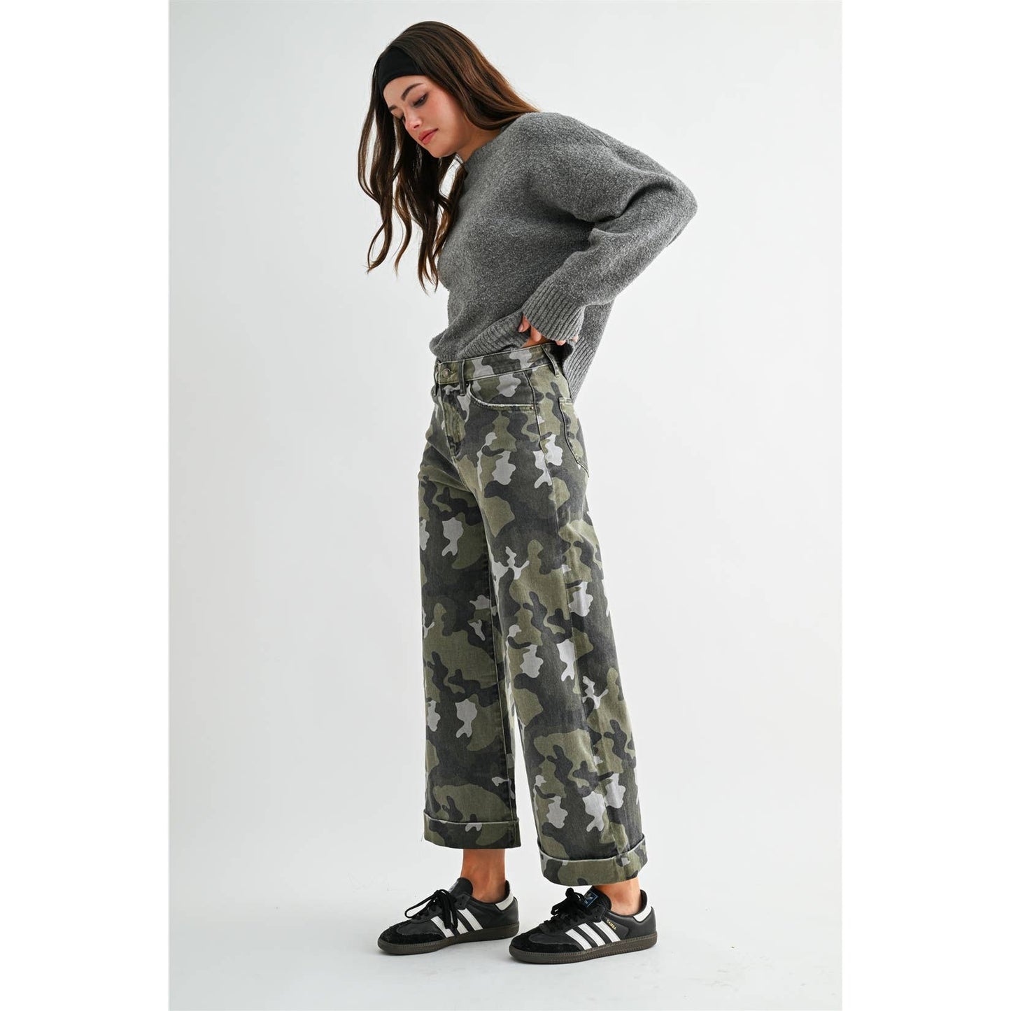 Mica Denim - HIGH-RISE WIDE LEG CROP CAMOUFLAGE CUFFED HEM