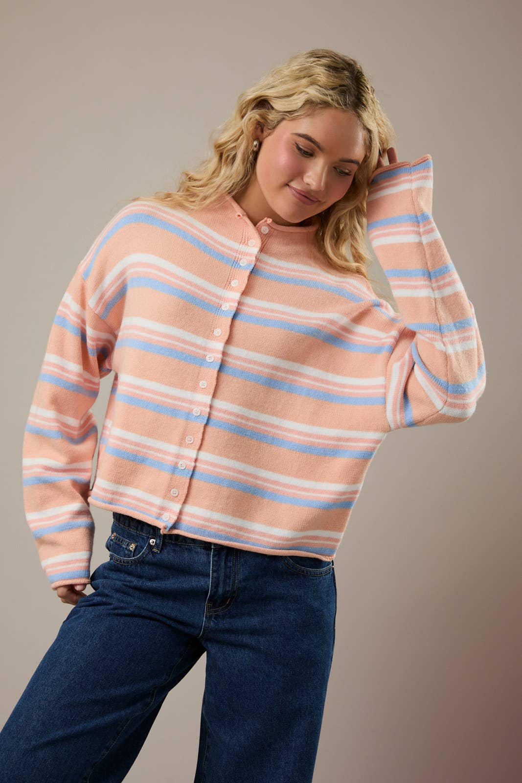 LE LIS - ROLL HEM BUTTONS DETAIL STRIPED CARDIGAN