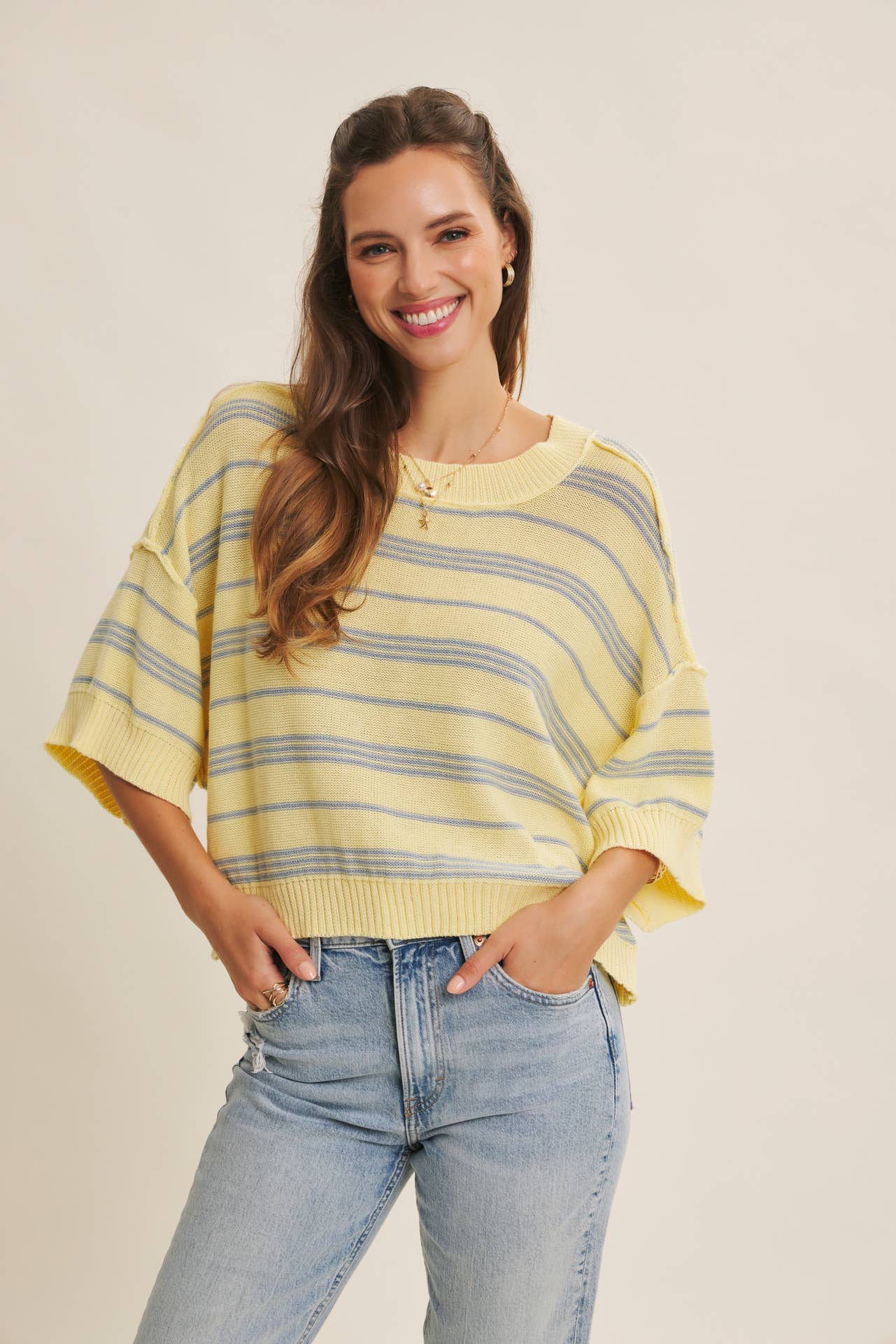 in february - ESSENSE OF WEEKENDS BOXY STRIPE SWEATER WITH DROP SHOULDERS