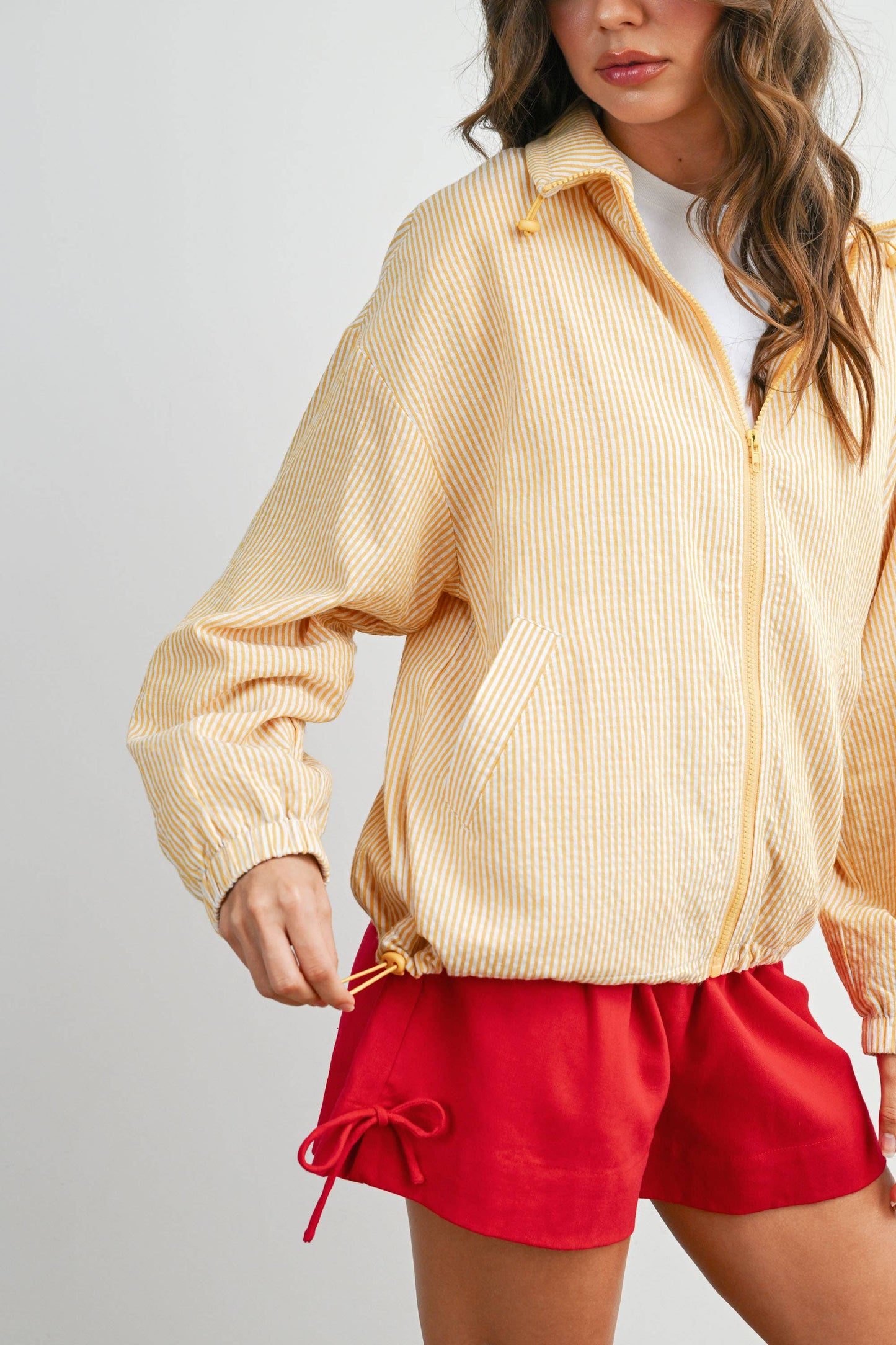 BUTTERMELON - Striped Collared Zip-Front Drawstring Jacket - BMJ7991: BROWN MULTI / S