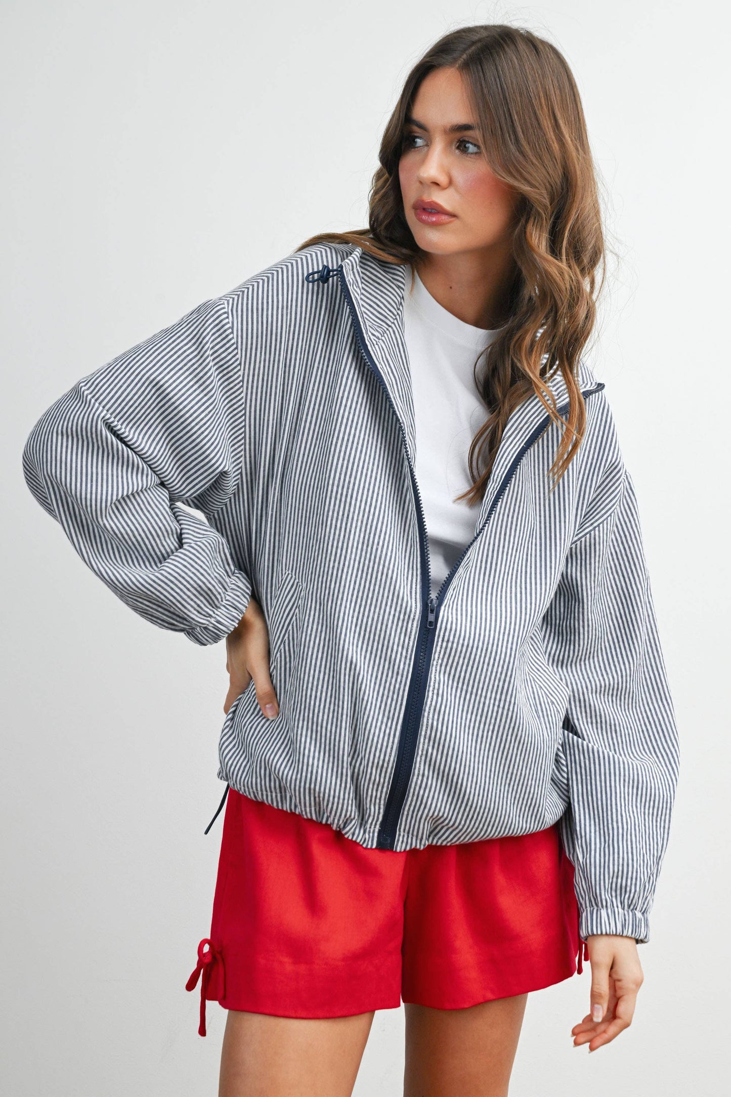 BUTTERMELON - Striped Collared Zip-Front Drawstring Jacket - BMJ7991: BROWN MULTI / S
