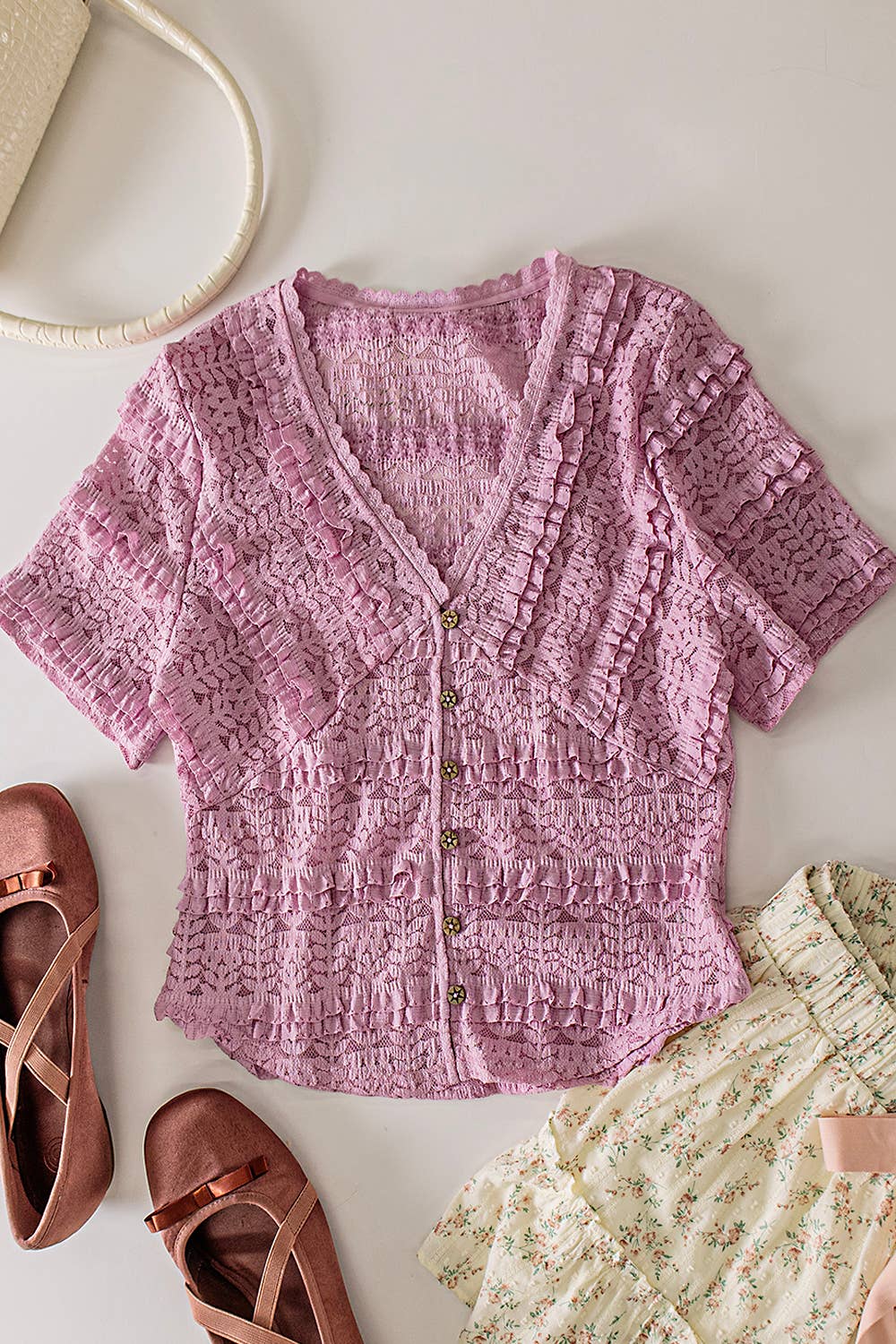 Button Down Lace Tiered Layers Blouse Top