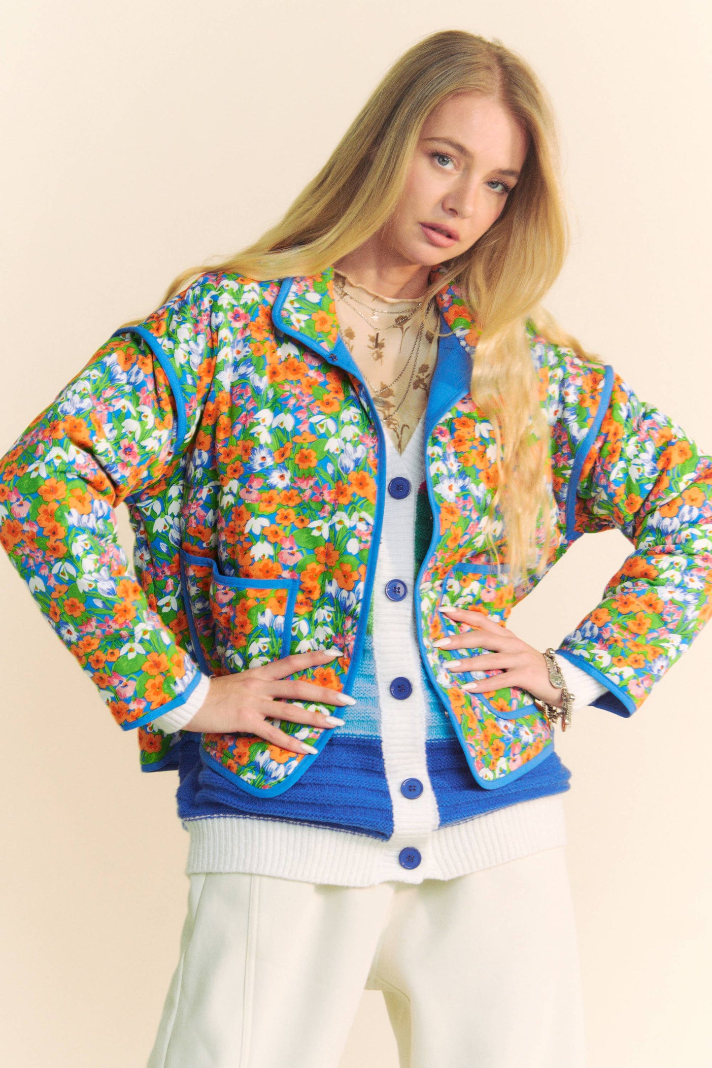 RETRO FLORAL PRINT CONTRAST BINDING PADDED JACKET