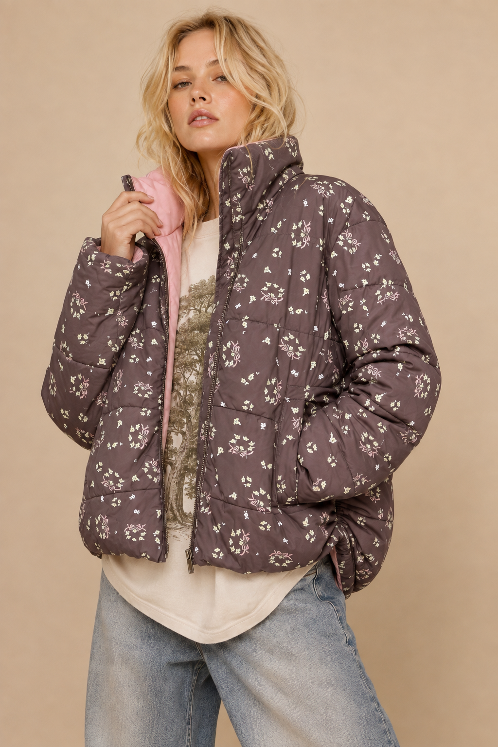 Brown & Pink Puffer Zipper Jacket