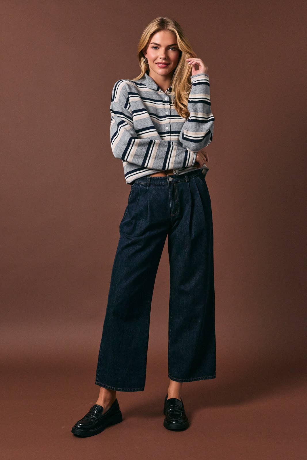 LE LIS - ROLL HEM BUTTONS DETAIL STRIPED CARDIGAN
