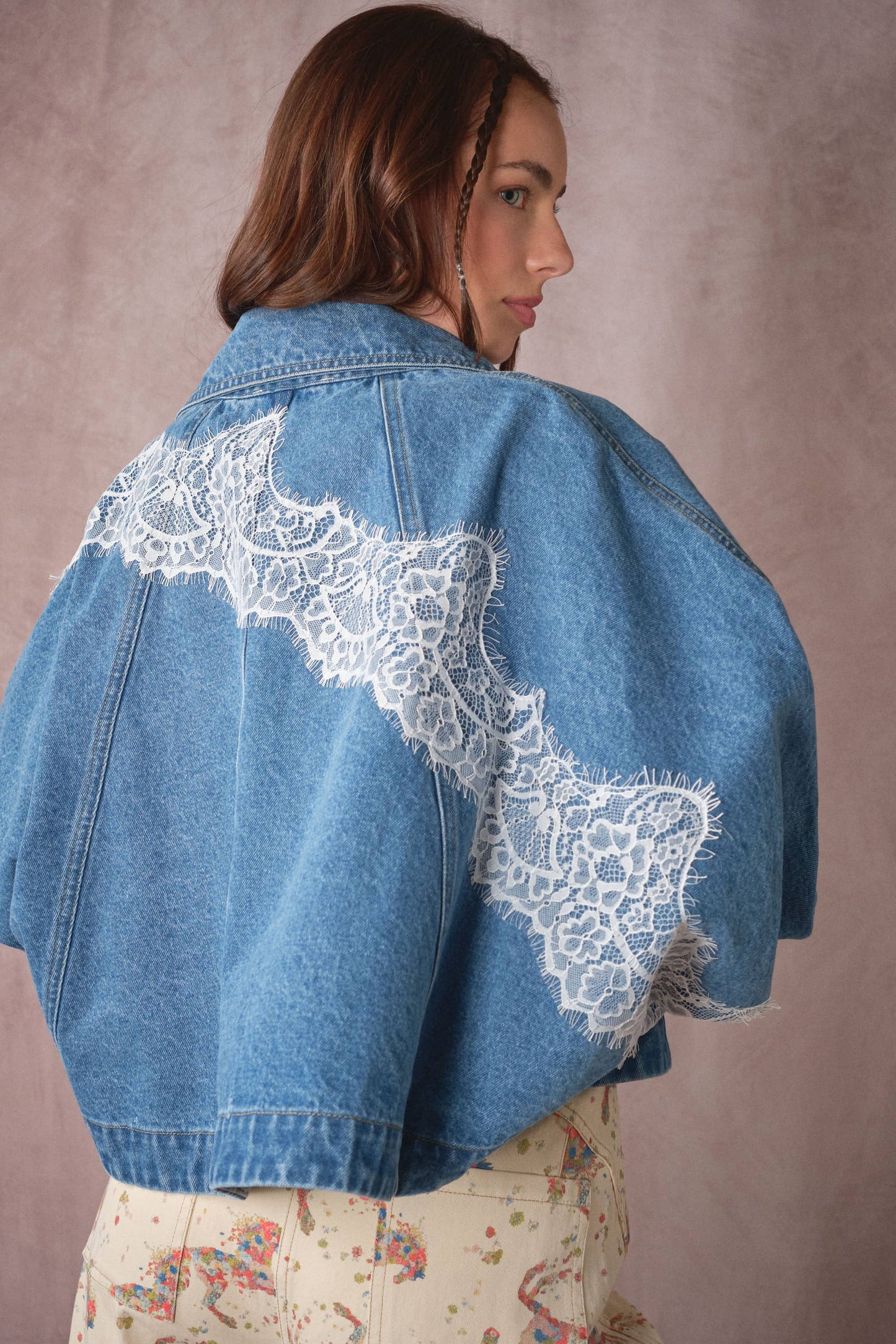 Lace Trim Dolman Denim Jacket
