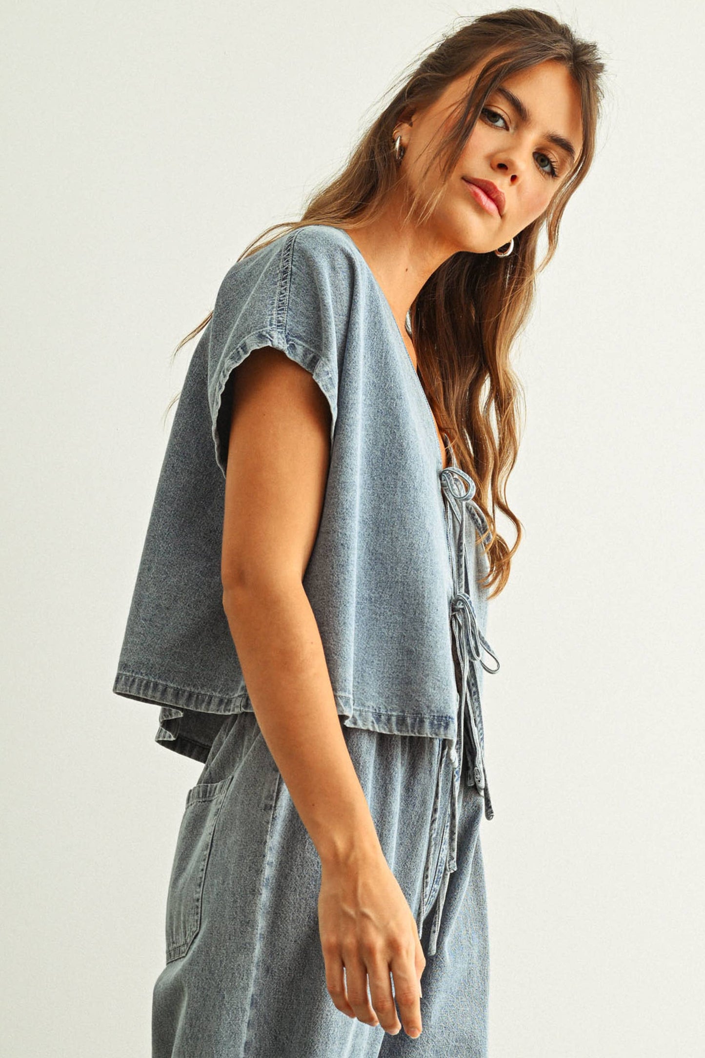 MIOU MUSE - T4768ST   DENIM TIED FRONT BLOUSE