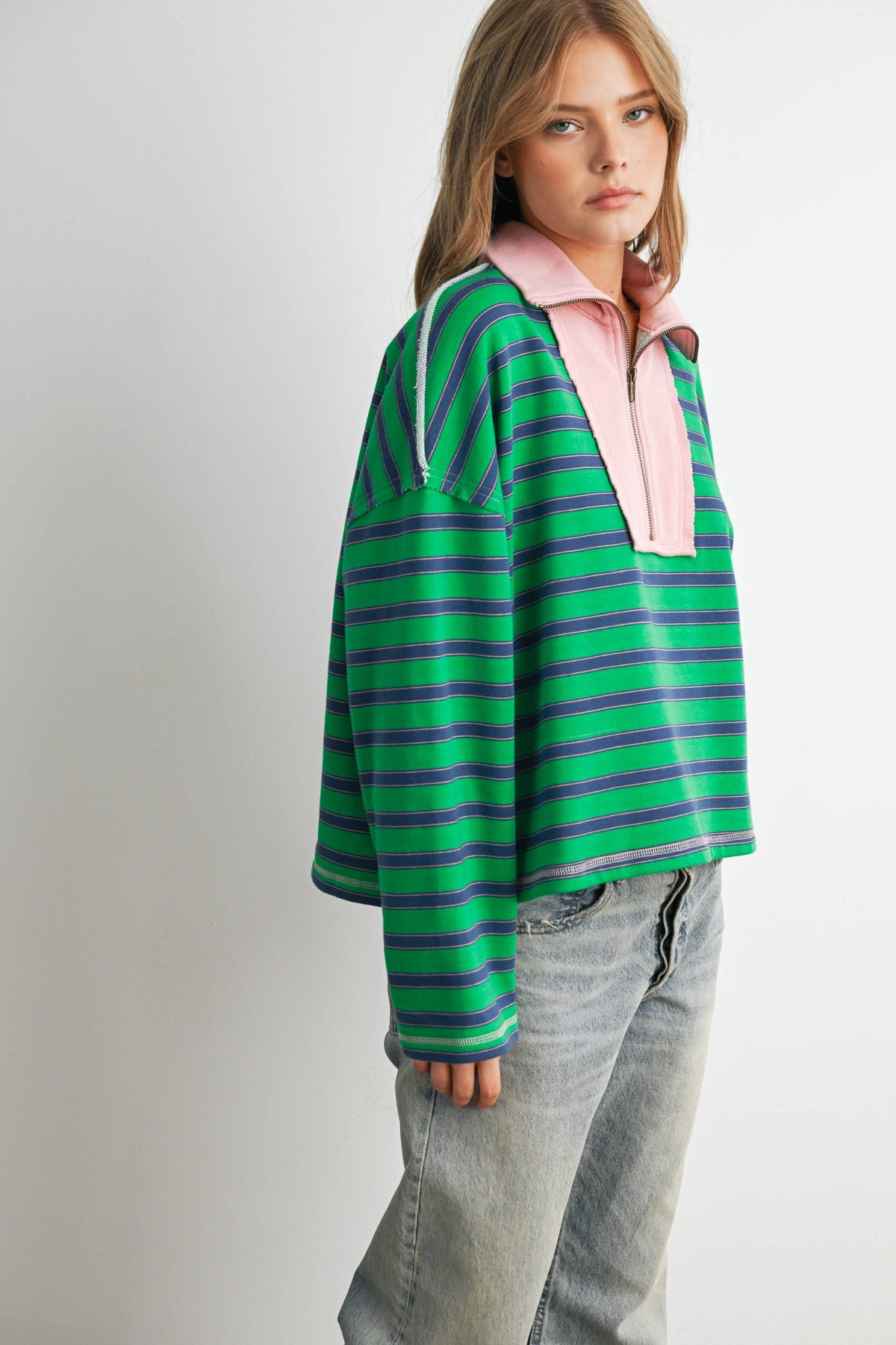BUTTERMELON - Striped Half Zip Contrast Collar Sweatshirt-BMT8722