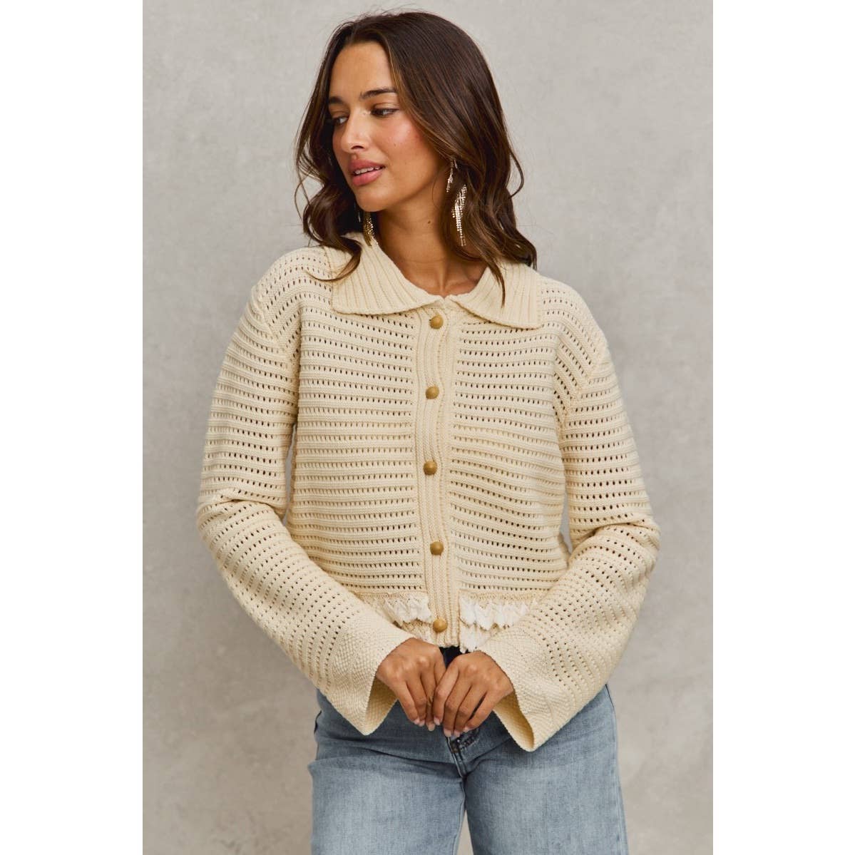 IVE - Textured Button Down Sweater Collared Cardigan