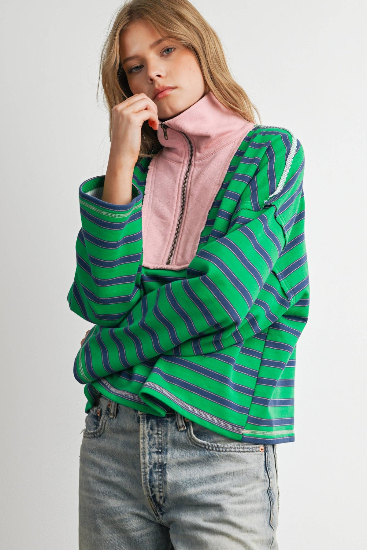 BUTTERMELON - Striped Half Zip Contrast Collar Sweatshirt-BMT8722