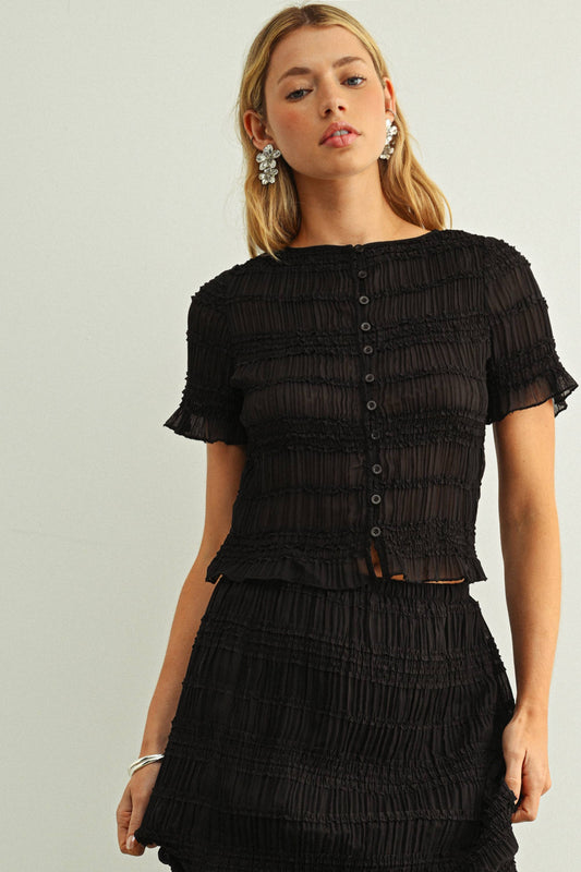 CHIFFON SHORT SLEEVE BUTTON FRONT TOP