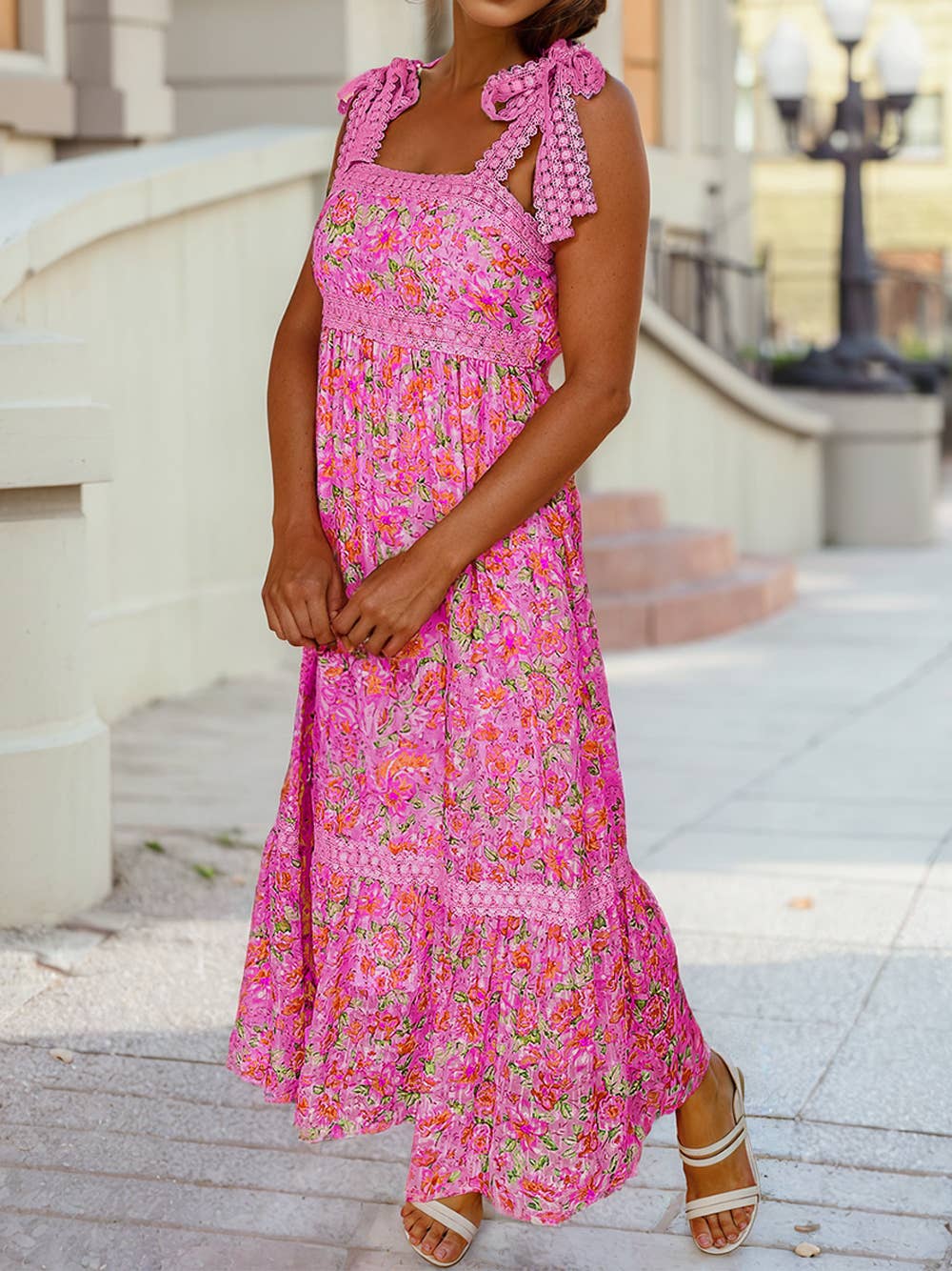 Floral Lace Tied Strap Empire Waist Maxi Dress