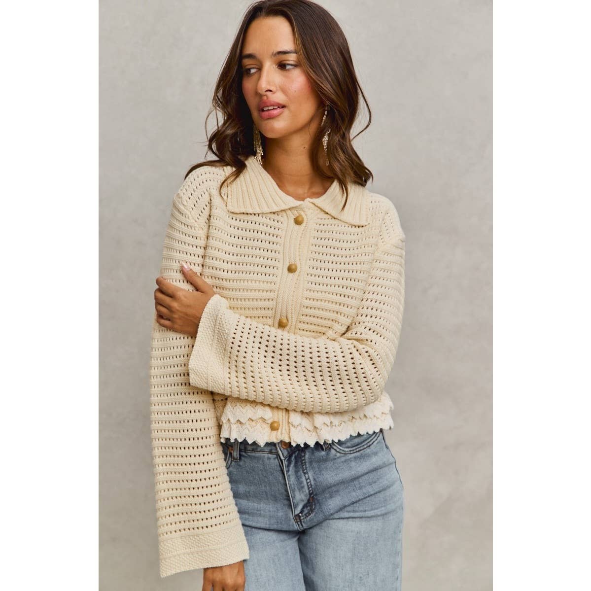 IVE - Textured Button Down Sweater Collared Cardigan