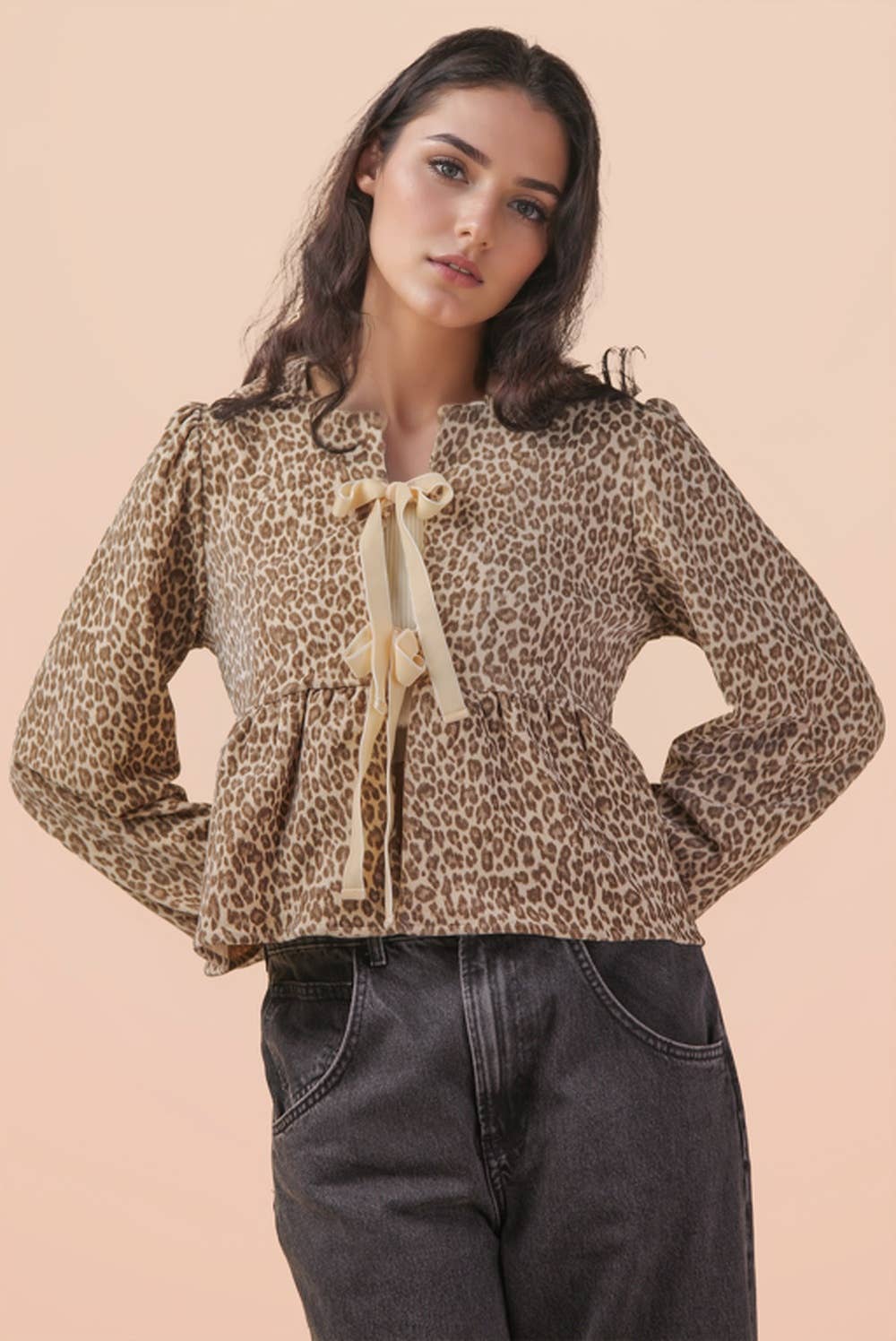 VERY J - NT12244-Leopard Printed Front Tie Woven Blouse Top