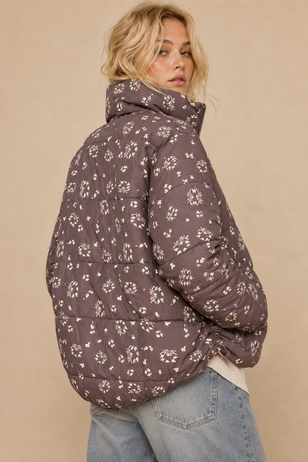 Brown & Pink Puffer Zipper Jacket