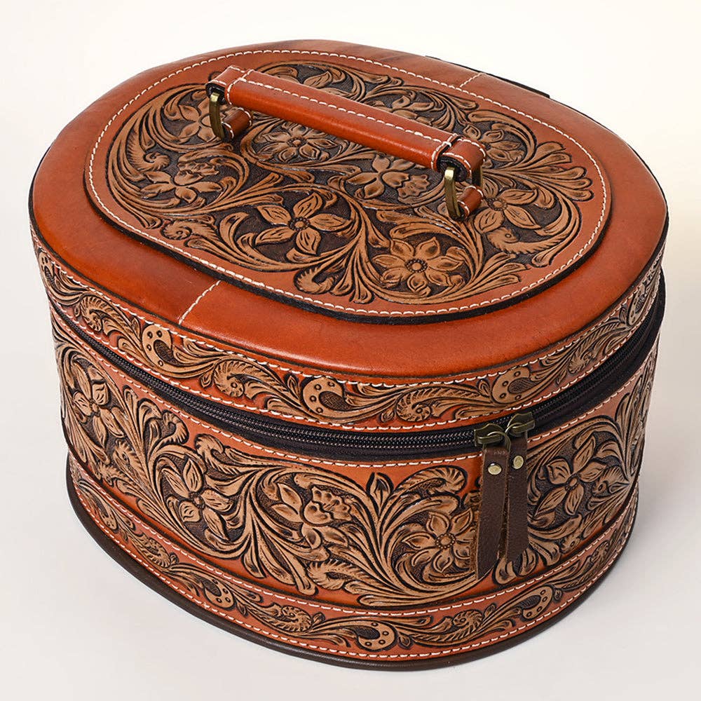 Western Hand Tooled Leather Jewelry Case Oval Floral Organizer