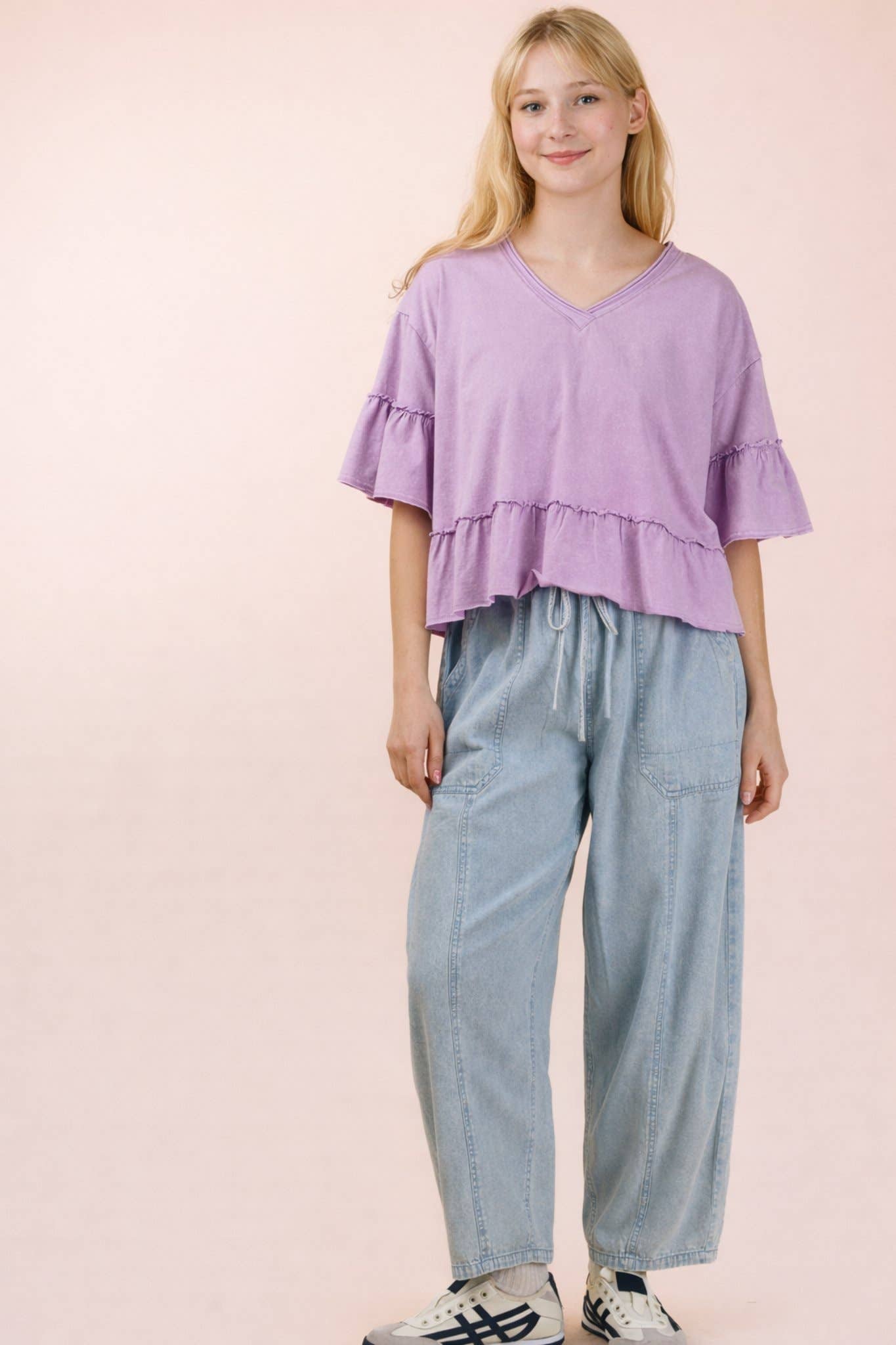 Mineral Washed Ruffle Detail Knit Top